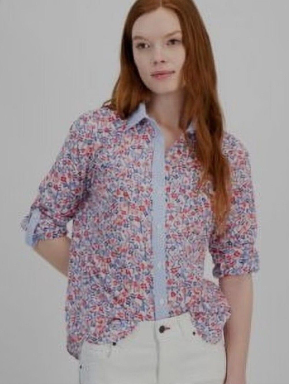 Tommy Hilfiger Cotton Floral Roll-Tab Sky Long sleeve Blouse